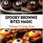 Plate of spooky Halloween brownie bites topped with candy eyes and festive Halloween Food Decor.